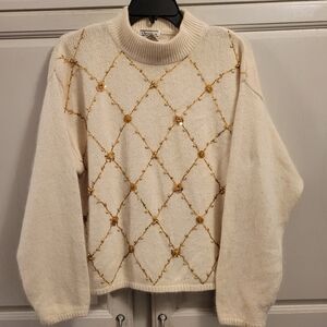 Vintage Christina Ivory Sweater with Golden Embellishments